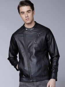 Men Black Faux Biker Style Jacket - Image 2