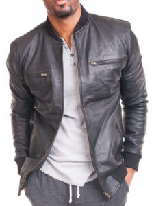 Men Black Lambskin Leather Bomber Jacket 2