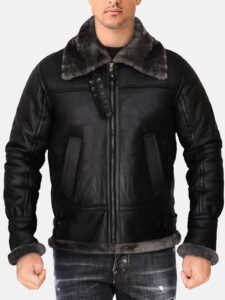 Men Black Shearling Jacket - Mauve Tree