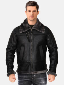 Men Black Shearling Jacket - Mauve Tree - Image 2