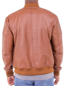 Men Camel Color Lambskin Leather Bomber Jacket - Image 3
