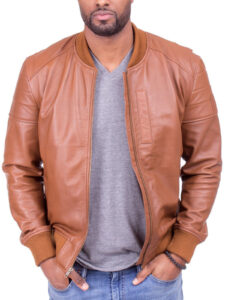 Men Camel Color Lambskin Leather Bomber Jacket