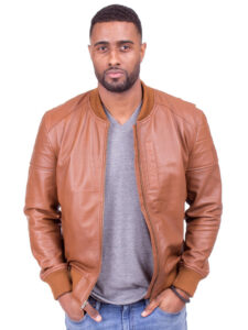 Men Camel Color Lambskin Leather Bomber Jacket - Image 2