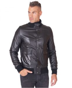 Men Genuine Leather Black Bomber Jacket - Mauve Tree