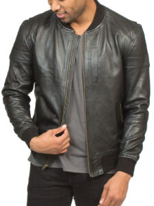 Men Black Lambskin Leather Bomber Jacket