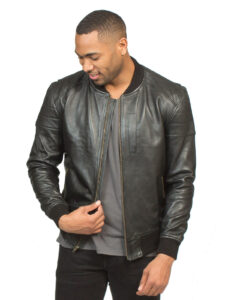Men Black Lambskin Leather Bomber Jacket - Image 2