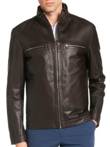 Men Lambskin Leather Bomber Jacket In Dark Brown