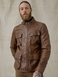 Men Lambskin Leather Field Jacket In Walnut Color - Image 2