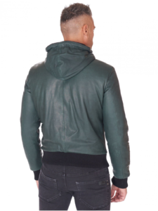 Men Green Lambskin Leather biker hooded collar Jacket - Image 4