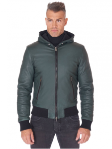 Men Green Lambskin Leather biker hooded collar Jacket - Image 2