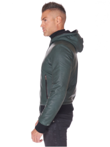 Men Green Lambskin Leather biker hooded collar Jacket - Image 3