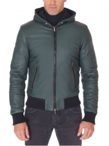 Men Green Lambskin Leather biker hooded collar Jacket