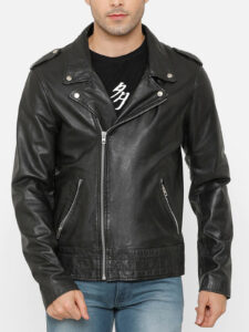 Men Pu Biker Jacket In Black Color