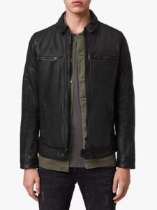 Men Solid Black Leather Jacket - Image 3