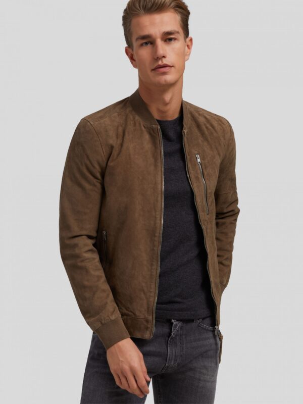 men suede leather brown bomber jacket