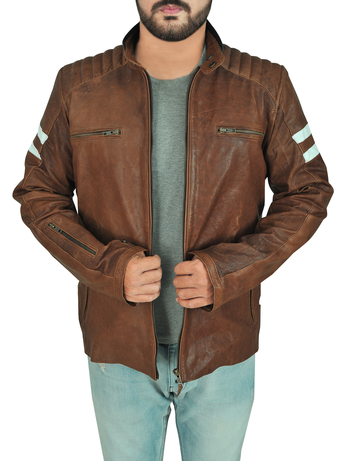 Men-brown-biker-leather-jacket.jpg Classic Brown Leather Biker Jacket - Image 1