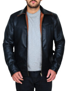 Shirt Collar Black Leather Jacket - Mauve Tree