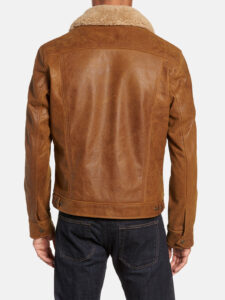 Men's Brown Leather Trucker Jacket with Sheepskin Collar - Mauve Tree - Image 2