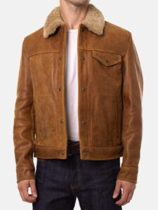 Men's Brown Leather Trucker Jacket with Sheepskin Collar - Mauve Tree
