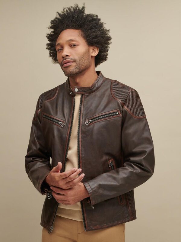 Men's Brown Moto Leather Jacket - Mauve Tree