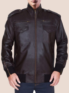 Men's Dapper Brownish Leather Bomber Jacket - Mauve Tree