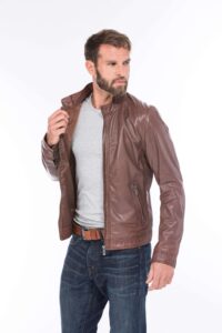 mens dark brown leather bomber jacket - Image 3