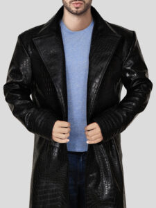 Men's Long Black Alligator Textured Faux Leather Coat - Mauve Tree