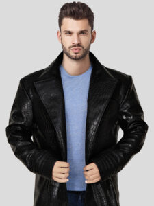 Men's Long Black Alligator Textured Faux Leather Coat - Mauve Tree - Image 2
