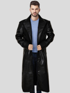 Men's Long Black Alligator Textured Faux Leather Coat - Mauve Tree - Image 3