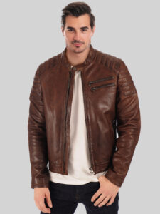 Men's Neato Brown Waxed Leather Biker Jacket - Mauve Tree - Image 2