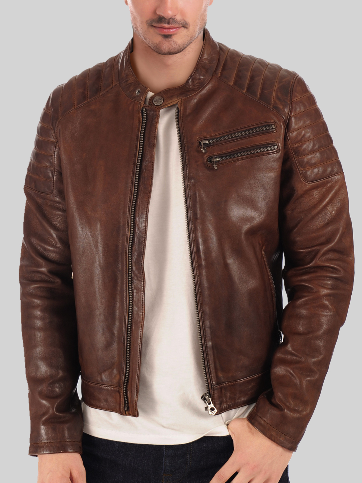 Mens-Neato-Brown-Waxed-Leather-Biker-Jacket-zoom-1-1-1-1.jpg Men's Neato Brown Waxed Leather Biker Jacket - Mauve Tree - Image 1