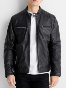 Mens Top Stiched Black Biker  Leather Jacket - Mauve Tree