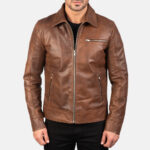 Men Brown Leather Biker Jacket - Mauve Tree - Image 3
