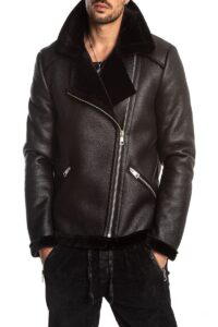 Men Ink Black Shearling Leather Jacket - Image 2