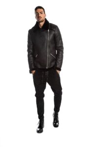 Men Ink Black Shearling Leather Jacket - Image 3