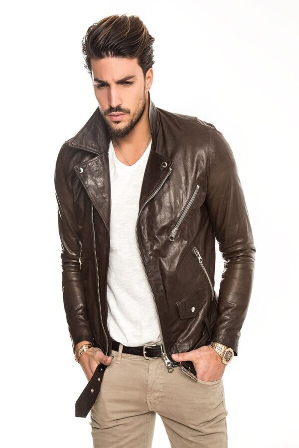 Men Pecan Brown Biker Leather Jacket