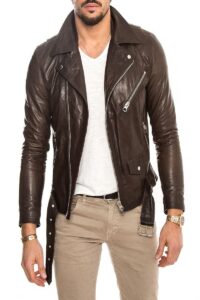 Men Pecan Brown Biker Leather Jacket - Image 4