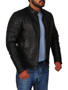 Mens Padded Sleeve Moto Leather Jacket - Mauve Tree - Image 5
