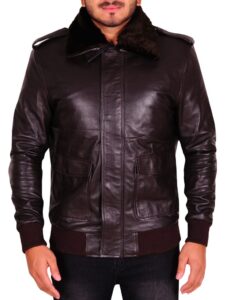 Men Dark Brown Fur Leather Jacket - Image 5