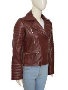 Women Maroon Leather Jacket - Image 3