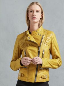 Women Bright Yellow Leather Jacket - Mauve Tree - Image 3