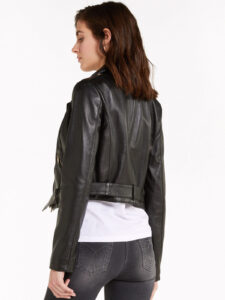 Short Touch Womens Black Biker Leather Jacket - Image 2