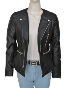 Women Black Biker Quilted Jacket - Image 5