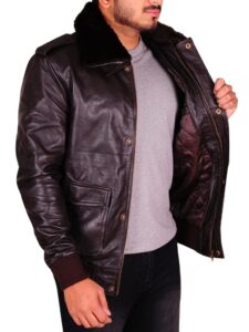 Men Dark Brown Fur Leather Jacket - Image 3