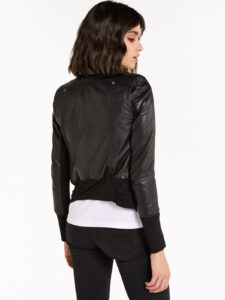 Trendy Womens Black Leather Bomber Jacket - Image 2