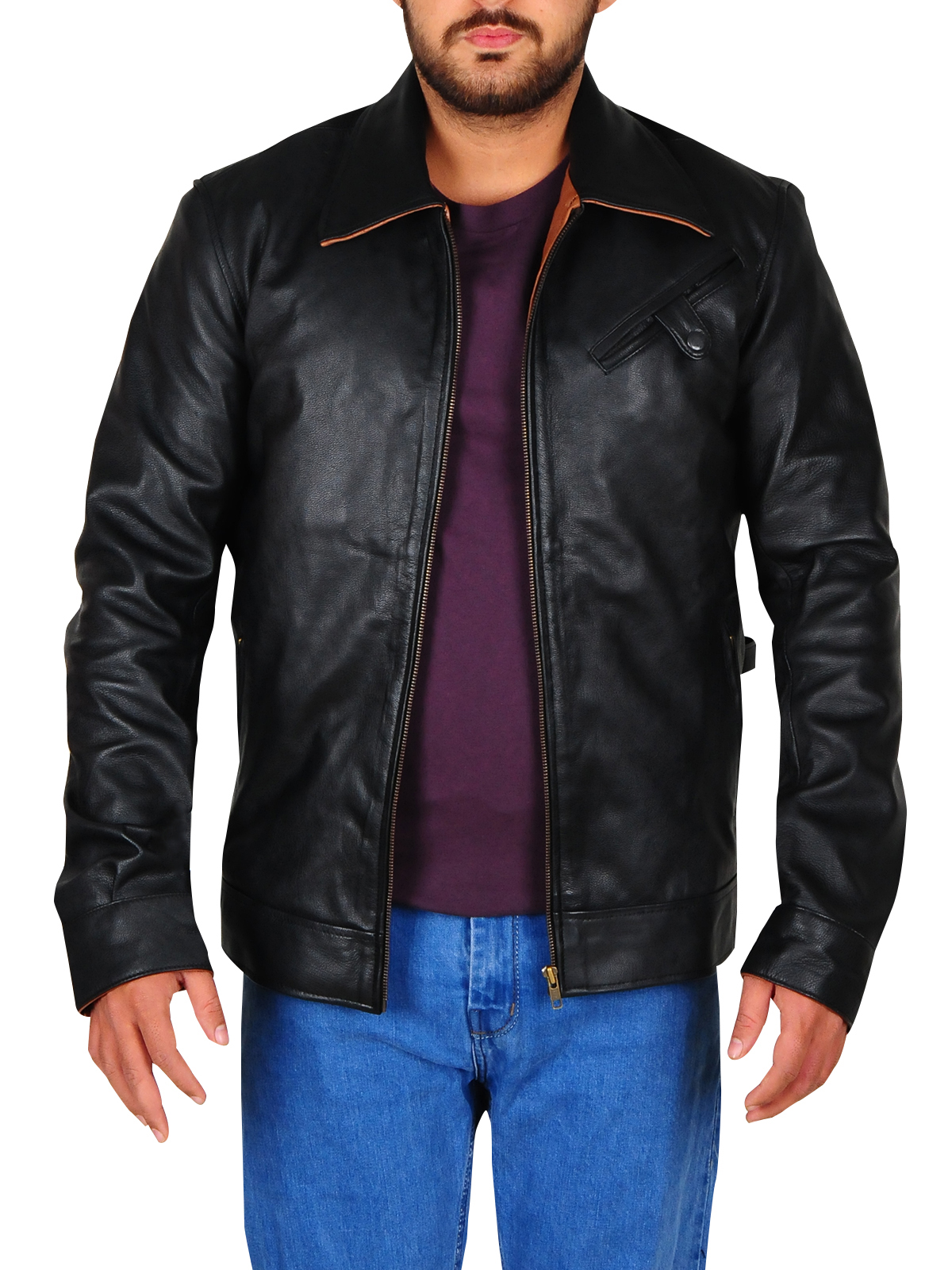 Trendy-black-shirt-collar-jacket.jpg Pitch Black Lapel Collar Leather Jacket - Image 1