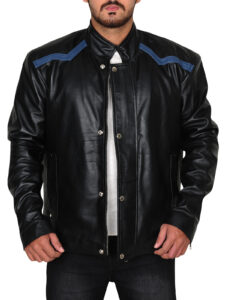 Jet Black Blue Line Leather Jacket