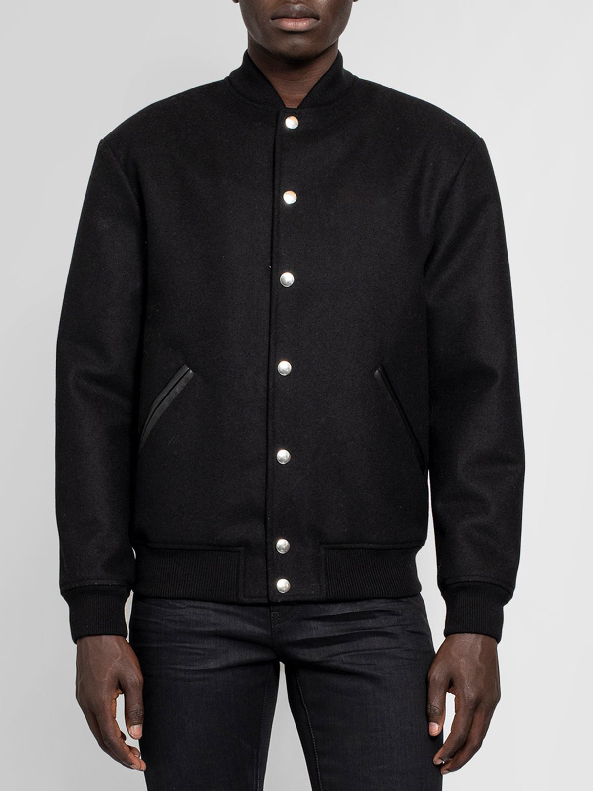 Varsity-MenE28099s-Black-Wool-Bomber-Jacket.jpg Varsity Mens Black Wool Bomber Jacket - Image 1