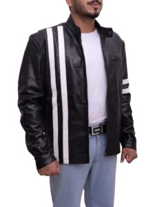 Black With White Stripes Leather Jacket - Image 3