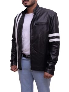 Black With White Stripes Leather Jacket - Image 4